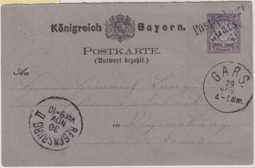 Bayern - Gars Postablage L2 5 Pfg. Ganzsachenkarte/Frageteil n. Regensburg 1882