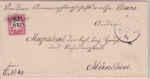 Bayern - Gars Postablage L2 10 Pfg. Wappen Brief n. München 1886