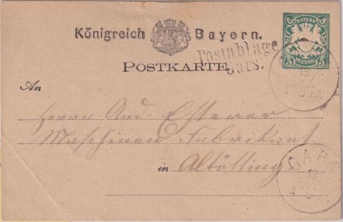Bayern - Gars Postablage L2 5 Pfg. Wappen Ganzsachenkarte n. Altötting 1876