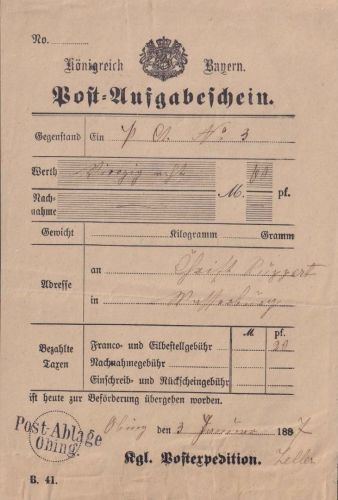 Bayern - Obing Postablage L2 Post-Aufgabeschein f. Postanweisung 1887