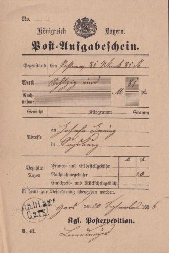Bayern - Gars Postablage L2 Post-Aufgabeschein f. Postanweisung 1886
