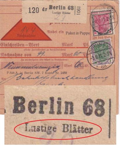 DR - 4+1 M. Germania Nachnahme-Paketkarte Selnbstbucher Berlin SW68 3.9.1921
