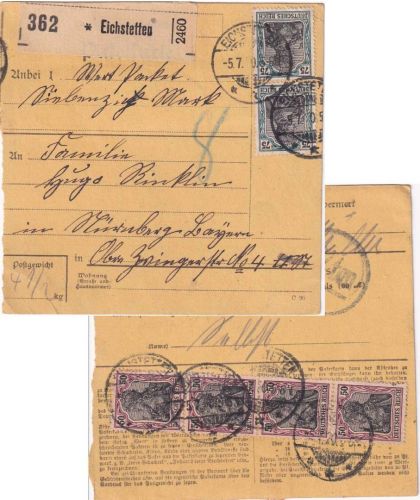 DR - 2x75+4x50 Pfg. Germania Paketkarte Eichstetten - Nürnberg 5.7.20