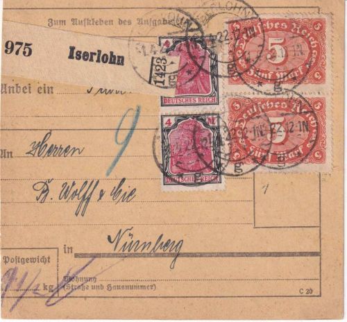 DR - 2x4 M. Germania u.a. Paketkarte Iserlohn - Nürnberg 1.4.22