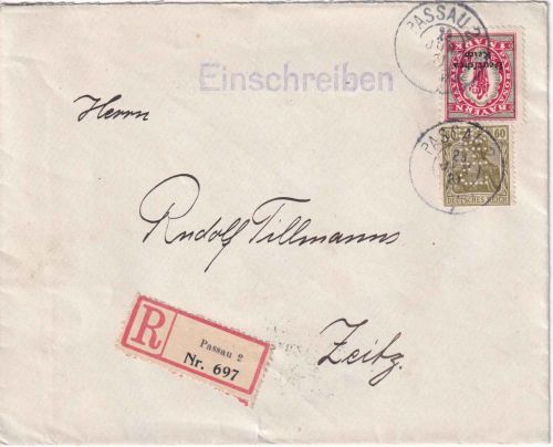 DR - 60 Pfg. Germania Perfin "BHI" u.a. Einschreibebrief Passau - Zeitz 1921