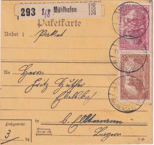 DR - 1,50+2,50 M. Freimarken Paketkarte Mühlhofen - Eltmann 11.7.21