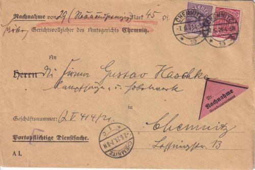 DR-Infla - 50+40 Pfg. Ziffer/Dienst Orts-Nachnahmebrief Chemnitz 10 - 7.6.21
