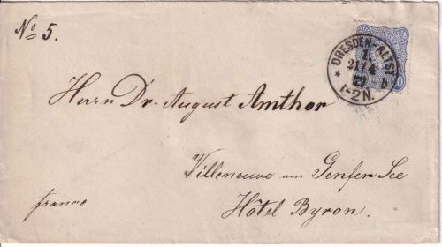 DR - 20 PfgE. Brief i.d. SCHWEIZ Dresden-Altst. 1 - Villeneuve 1877 Anschrift !!