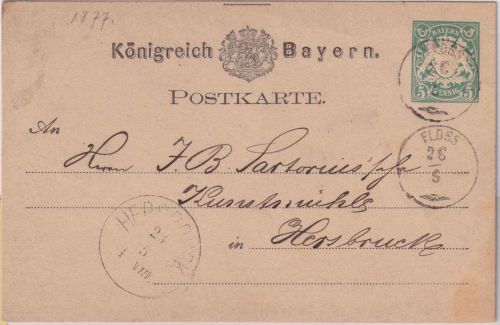 Bayern - Floss 26/6 Zier-K1 5 Pfg. Wappen Ganzsache n. Hersbruck 1877