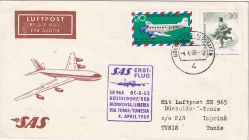 BRD - SAS-Erstflug Düsseldorf/Monrovia Etappe Tunis Luftpostbrief 4.4.69 - R!