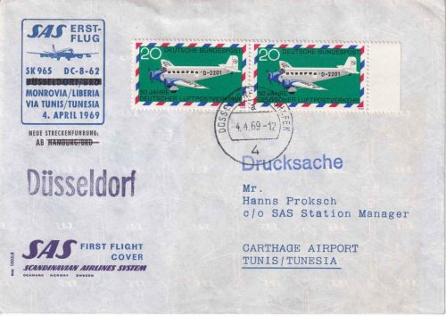 BRD - SAS-Erstflug Düsseldorf/Monrovia Etappe Tunis Luftpostdrucksache 4.4.69 R!