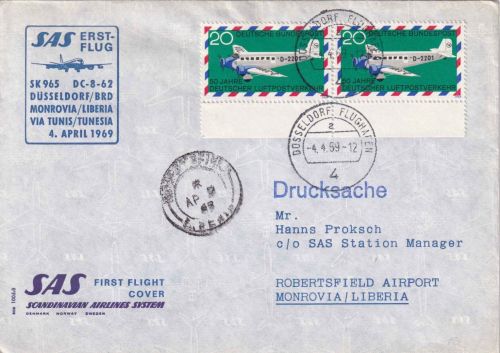 BRD - SAS Erstflug Düsseldorf/Monrovia Luftpostdrucksache 4.4.69