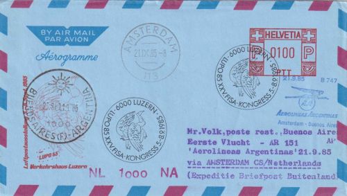 Schweiz - AR Erstflug Amsterdam/Buenos Aires Zuleitungspost Lupo 85 Luzern 1985