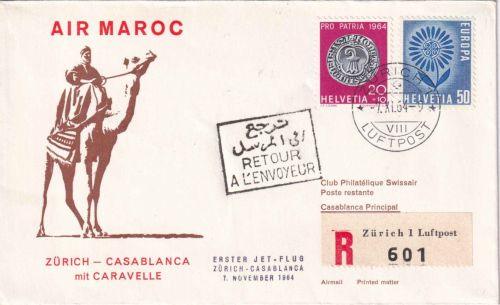 Schweiz - Air Maroc Erstflug Zürich/Casablanca Luftpost-Einschreibebrief 7.11.64