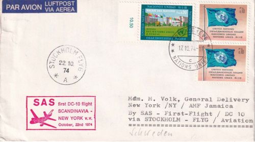 UNO Genf - SAS Erstflug Stockholm/New York Zuleitungspost 17.10./22.10.74 RR!