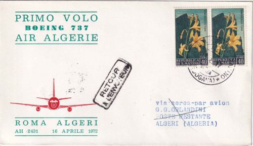 San Marino - Air Algerie Erstflug Rom/Algier Luftpostbrief 16.4.72