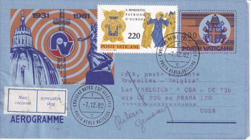 Vatikan - CSA Sonderflug Prag/Brüssel BELGICA Zuleitungspost/Aerogramme 1982