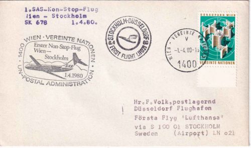 UNO Wien - SAS Nonstop Erstflug Wien/Stockholm Luftpostbrief 1.4.80