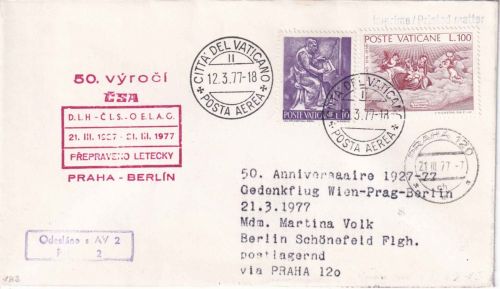Vatikan - CSA Sonderflug 50 J. Wien/Prag/Berlin Zuleitungspost Prag/Berlin 1977
