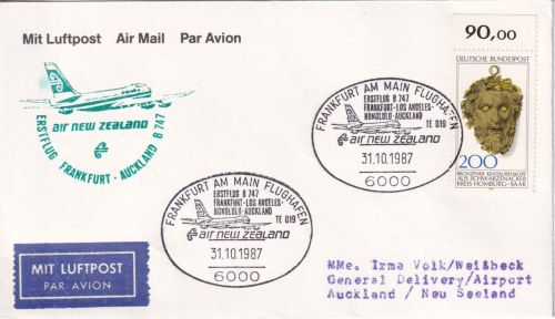 BRD - Air New Zealand Erstflug Frankfurt/Auckland 31.10.87 Luftpostbrief
