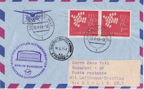 Luxemburg - DDR-Lufthansa Erstflug Berlin/Bukarest Zuleitung Luftpostbrief 1963