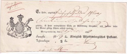 Württemberg - Mergentheim 1849 Postaufgabeschein f. Wertpaket