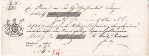 Württemberg - Marbach 1848 Postaufgabeschein f. Wertpaket n. Tübingen