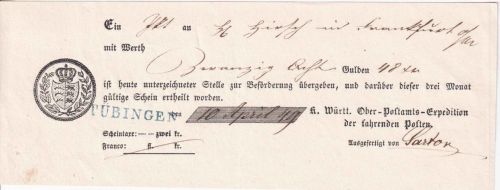 Württemberg - Tübingen 1849 Fahrpostaufgabeschein f. Wertpaket n. Frankfurt a/M