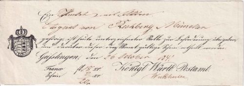 Württemberg/Bayern - Geislingen 1841 Postaufgabeschein f. Paket n. München