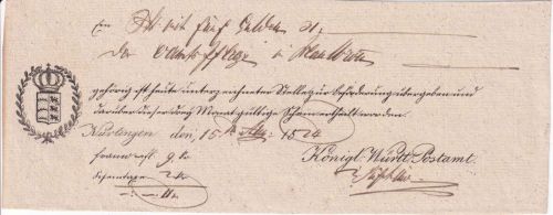 Württemberg - Nürtingen 1824 Postaufgabeschein f. Wertpaket