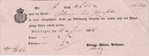 Württemberg - Münsingen 1851 Postaufgabeschein f. Wertpaket
