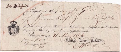 Württemberg - Besigheim 1834 Postaufgabeschein f. Wertpaket