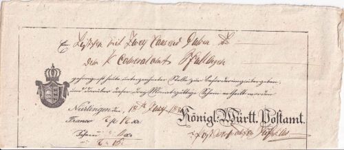 Württemberg - Nürtingen 1836 Postaufgabeschein f. Wertpaket n. Pfullingen