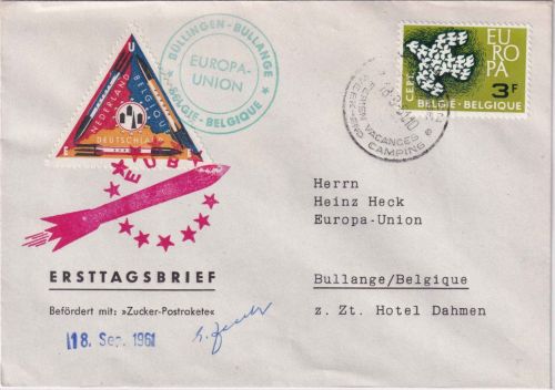 Belgien - Zucker Postrakete Brief mit Vignette und OU "Zucker" 18.9.1961