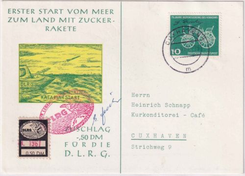 BRD - Zucker Rakete "Vom Meer zum Land" Karte m. Vignette u. OU "Zucker" 1961