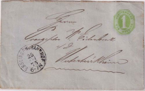 Württemberg - 1 Kr. Ganzsache/Brief K1 Esslingen Bahnhof - Untertürkheim 1875