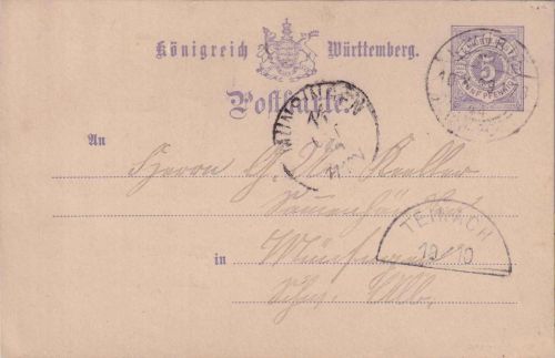 Württemberg - Teinach 10/10 Stations-HKS 5 Pfg. Ganzsache Württ. Bahnpost 1889