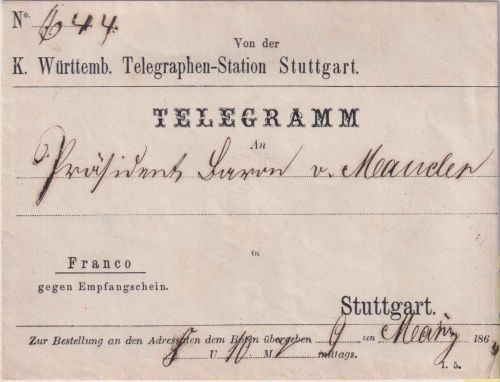 Württemberg - K. Württemb. Telegraphen-Station Stuttgart Telegrammumschlag 1867