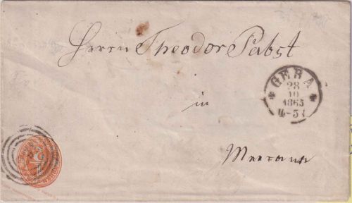 Thurn&Taxis - 1/2 Sgr. Ganzsache/Brief Ring 291 K1 Gera 28.10.1865 n. Merane