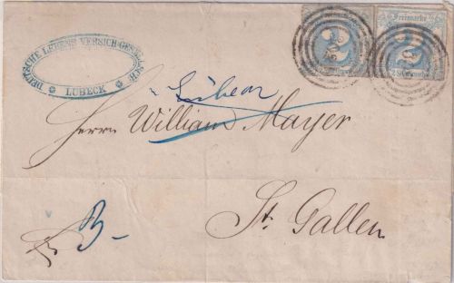 Thurn&Taxis - 2x2 Sgr. dst. Brief i.d. SCHWEIZ Ring 302 Lübeck - St. Gallen 1866