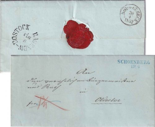 Mecklenburg-Schwerin - Schoenberg 19/4 blauer L2 Luxus-Francobrief 1853