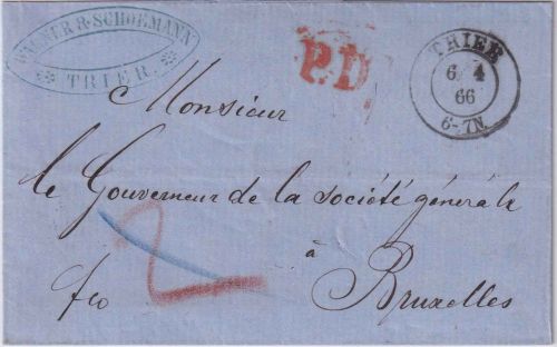 Preussen/Belgien - Trier 6.4.66 K2 Francobrief n. Brüssel - mit Inhalt