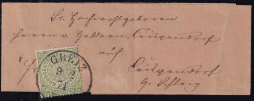 NDP - 1/3 Gr. gez. Drucksachenstreifband Greiz - Crispendorf b. Schleiz 1871