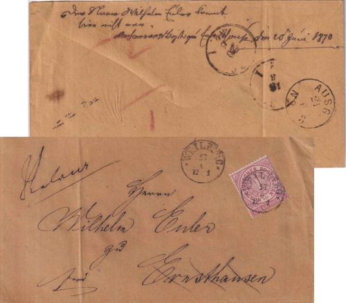 NDP - 1 Gr. gez. Fingerhut-K1 Weilburg Brief n. Ernsthausen 1870 Retourvermerk
