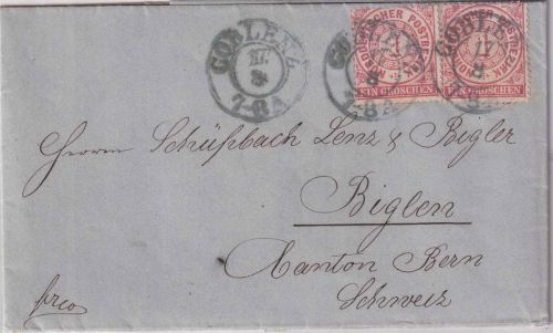 NDP - 2x1 Gr. gez. Brief i.d. SCHWEIZ nachv. preuss. blauer K2 Coblenz 1871