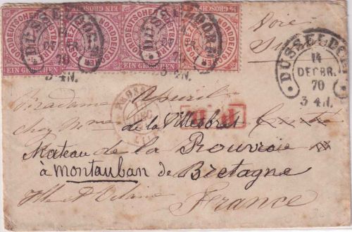 NDP - 3x1+1/2 Gr. gez. Brief n. FRANKREICH Hufeisen Düsseldorf 14.12.1870 !!!!!