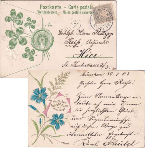 Bayern - 2 Pfg. Wappen Ortskarte (Glückwunsch Namenstag) München 31 - 1903