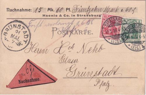 DR - 5+10 Pfg. Germania nachnahmekarte Strassburg - Grünstadt 1908
