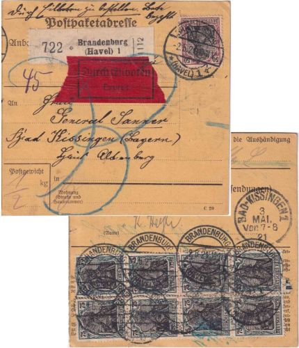 DR - 8x75+50 Pfg. Germania Eil-Paketkarte (Beutelstück) Brandenburg a/H 2.5.21