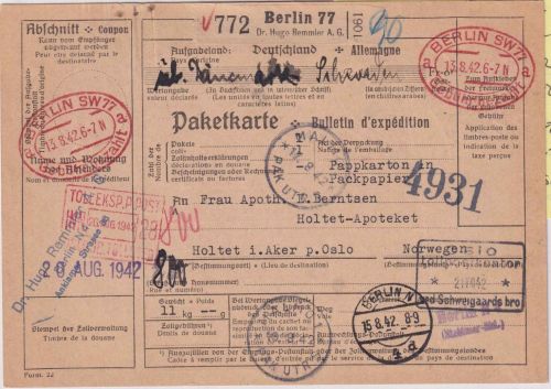 DR - Berlin SW 77 1942 Gebühr bezahlt Paket n. NORWEGEN ü. SCHWEDEN